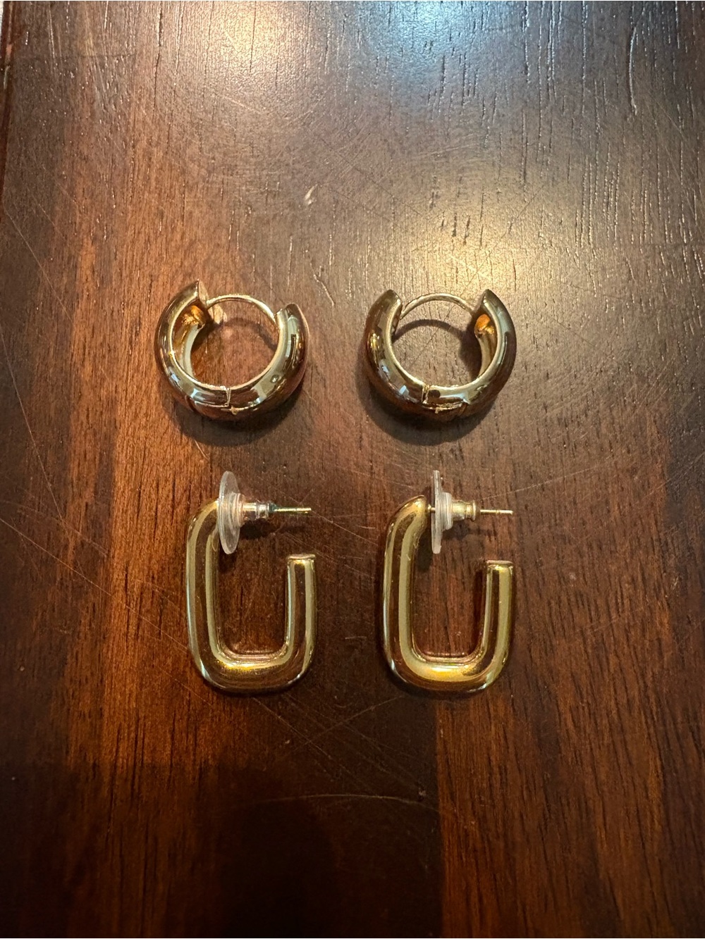 2 Pair Chunky Gold-tone Hoop & Rectangular Drop Earrings